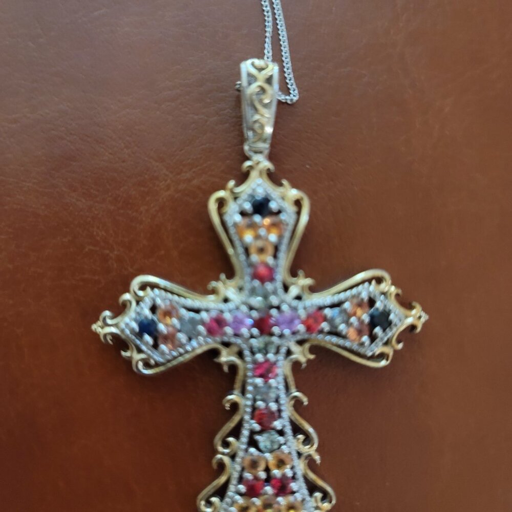 Beautiful Gemstone Cross on Sterling Silver Chain